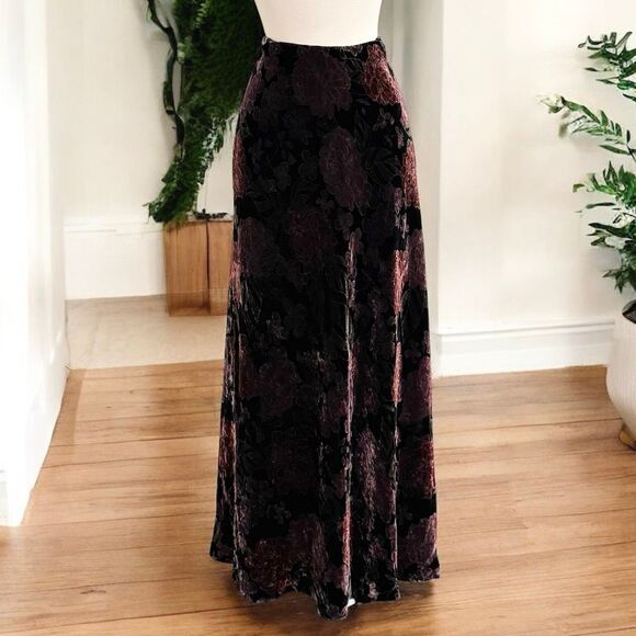 Ann Taylor Floral Black Velvet Maxi Skirt High Waist Small Silk 4 Pencil - Picture 1 of 6